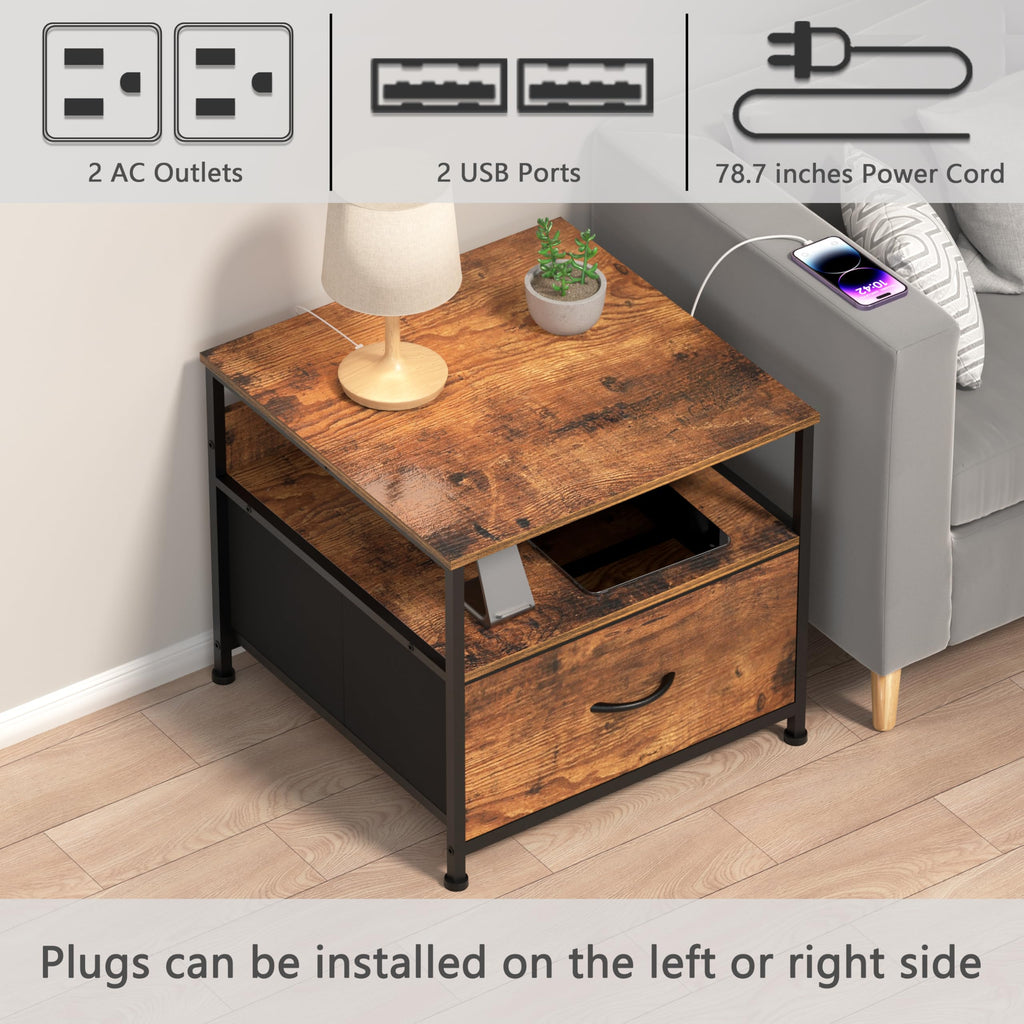 Unionly 180 lb Mini fridge Table with Drawer fridge Shelf, Smal fridge cabinet with storage,Heavy Duty Mini Fridge Standwith Charging Station, 4 Adjustable Feet for Home Kitchen Rustic Brown