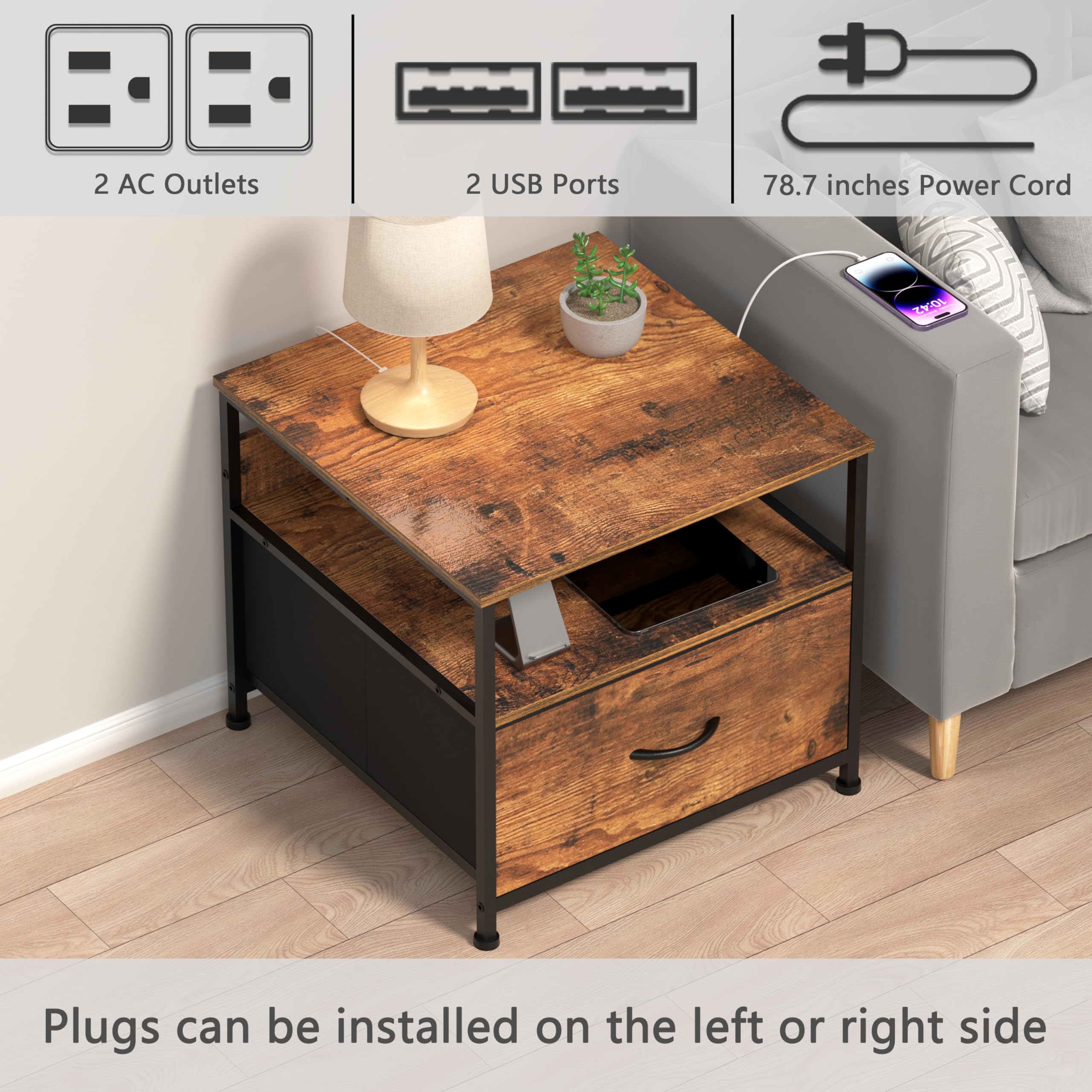 Unionly 180 lb Mini fridge Table with Drawer fridge Shelf, Smal fridge cabinet with storage,Heavy Duty Mini Fridge Standwith Charging Station, 4 Adjustable Feet for Home Kitchen Rustic Brown