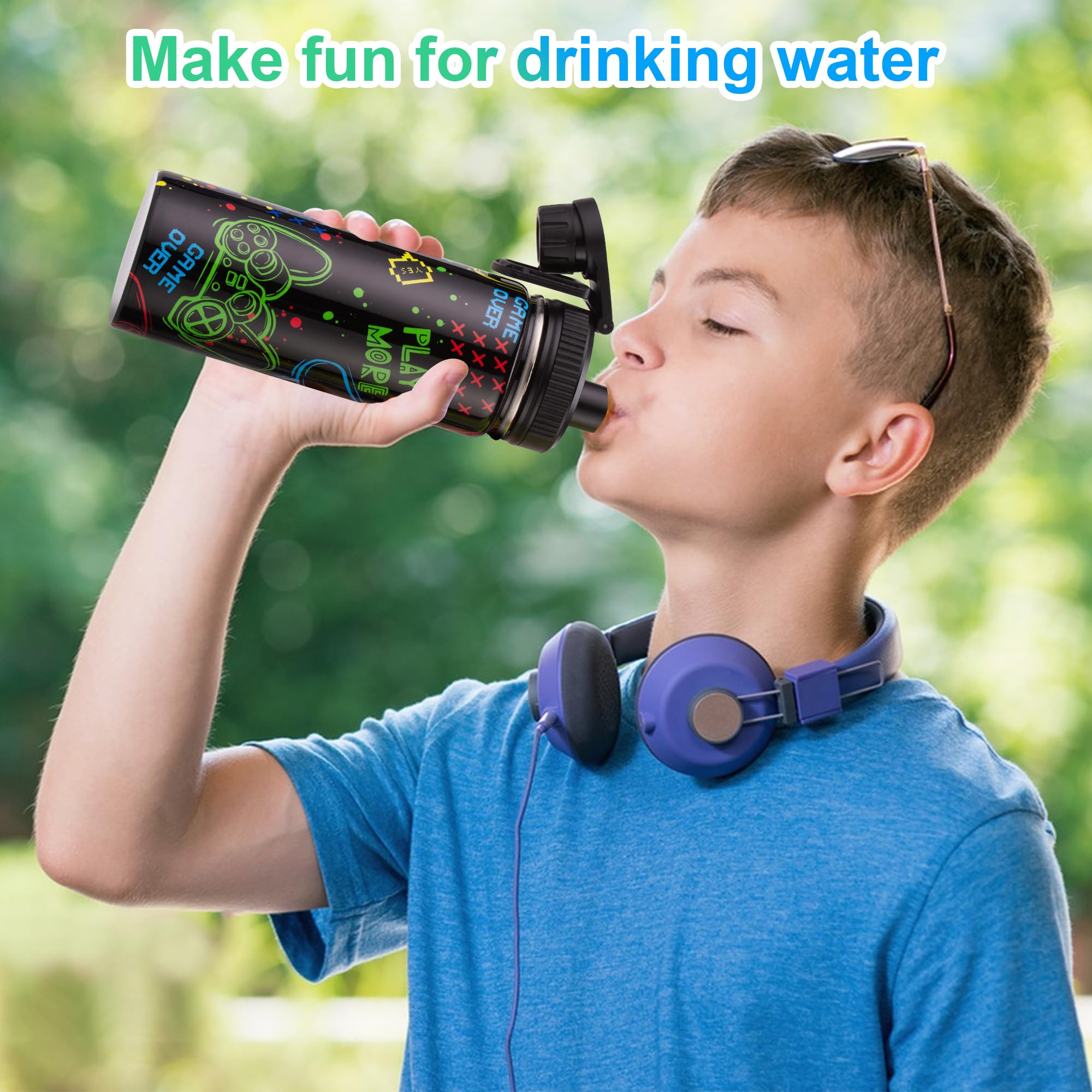 Skyflora 18oz Insulated Water Bottle with Straw Lid & Spout Lid, Game Controller, Gift for Kids Boys Girls Student Sports Travel Fitness Hiking Outdoors, Double Wall, Hands Wash Only, Black