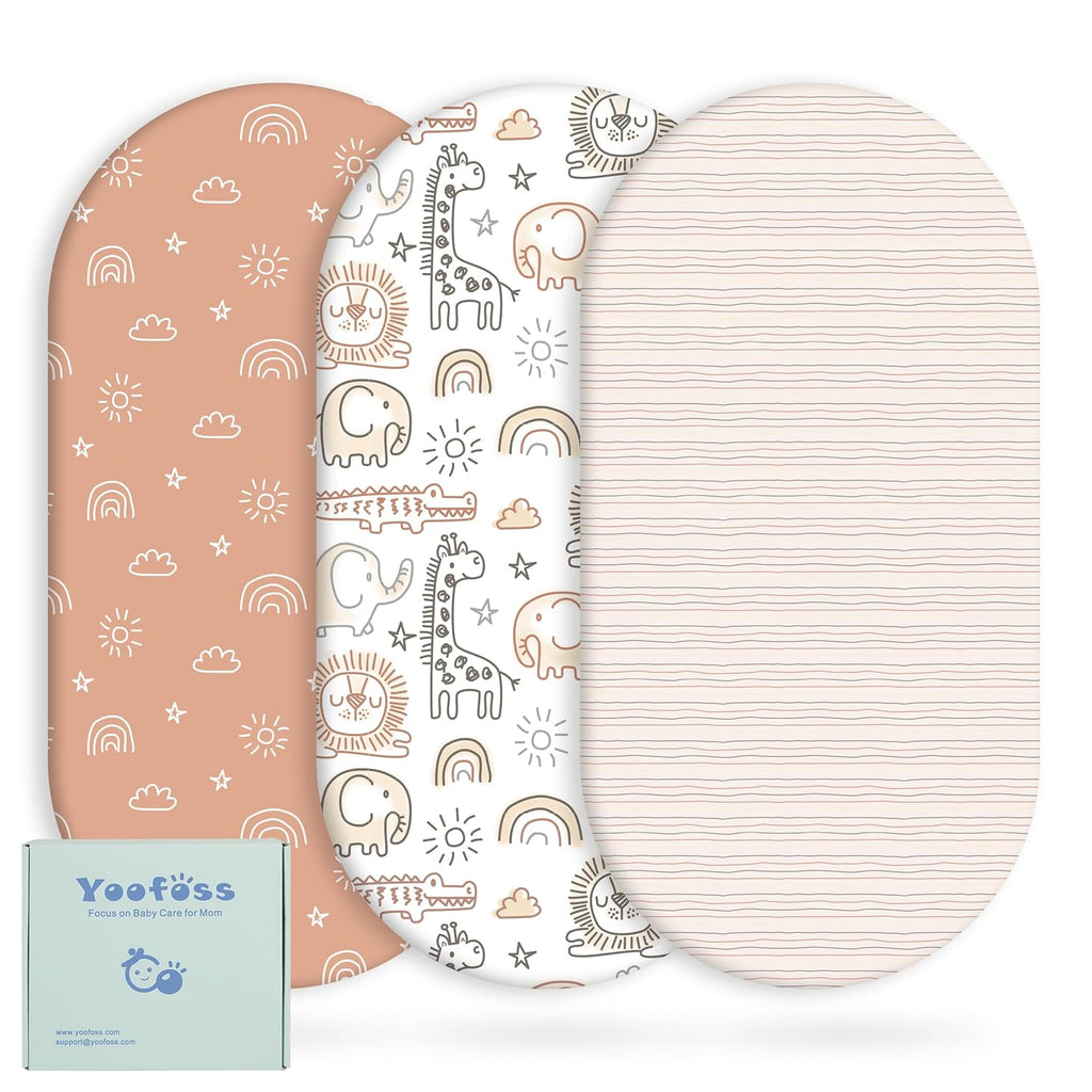 Yoofoss Bassinet Sheets - 3-Pack Fitted Sheets Set for Halo Bassinest | Soft, Breathable Fabric (Brown & Animals)