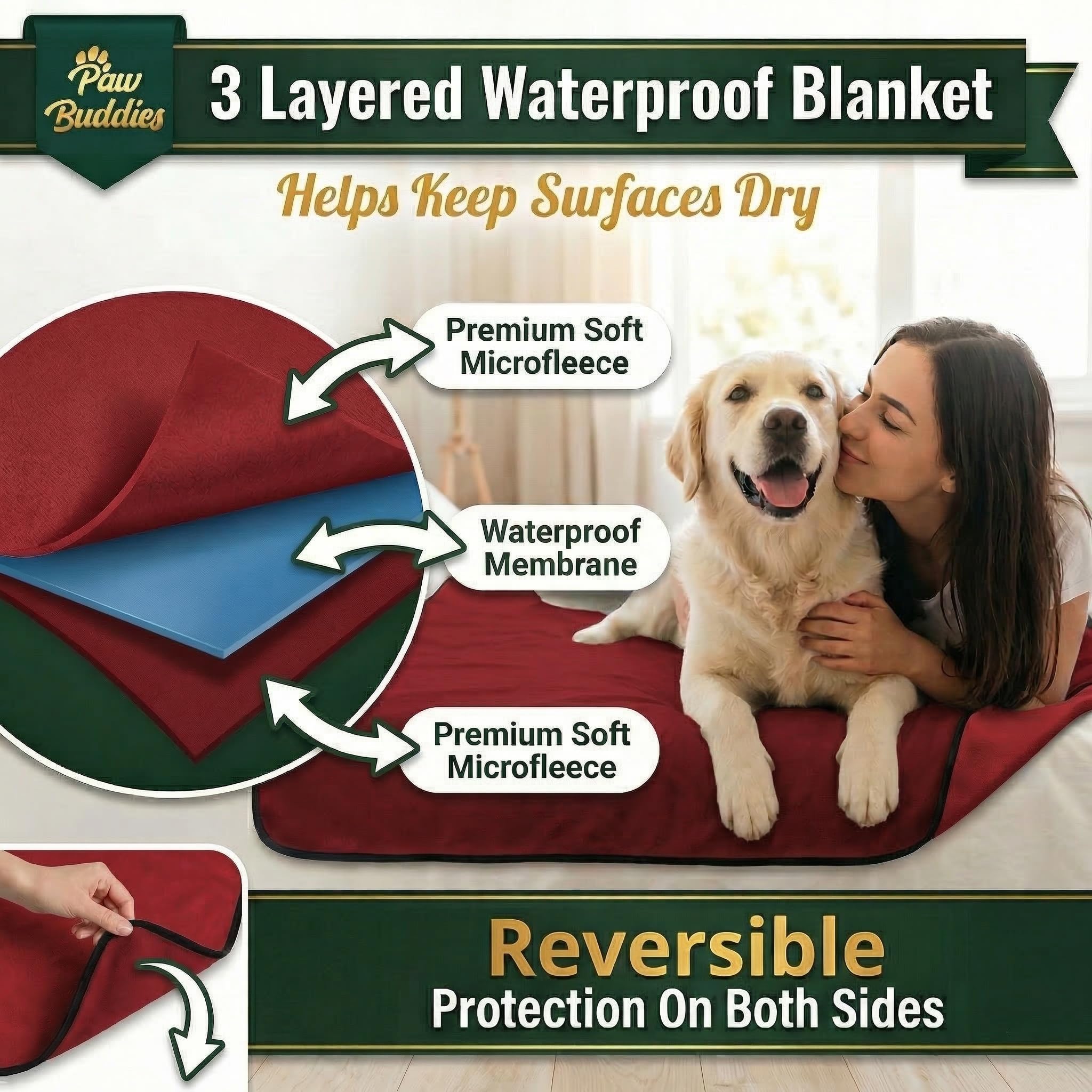 Paw Buddies Premium Waterproof Blanket 80"x90" Velvet-Feel Reversible Throw – Leakproof, Machine Washable Bed & Sofa King Size Protector for Couples, Pets & Travel + Bonus Small Blanket