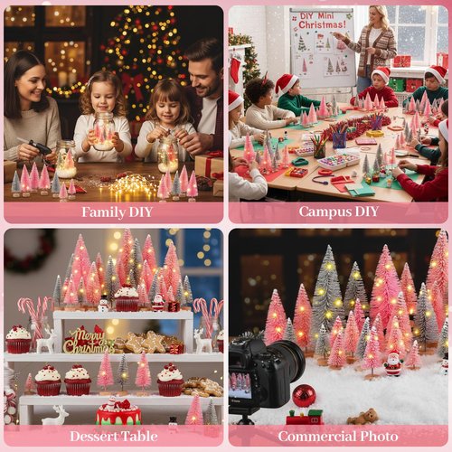 DomeStar 35PCS Mini Christmas Tree, Miniature Christmas Table Decorations 6 Sizes Small Sisal Snow Frost Bottle Brush Trees with Wooden Base for Party Home Crafts Decoration (Pink/Silver)