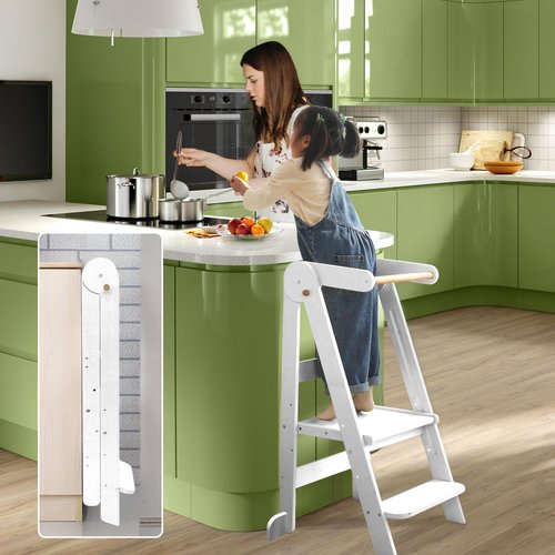 Foldable Toddler Tower 95% Preassembled Kitchen Stool Helper Folding Step Stool for Kids Montessori Toddler Standing Tower with 3 Adjustable Height Helper Tower for Kitchen Counter Sink White