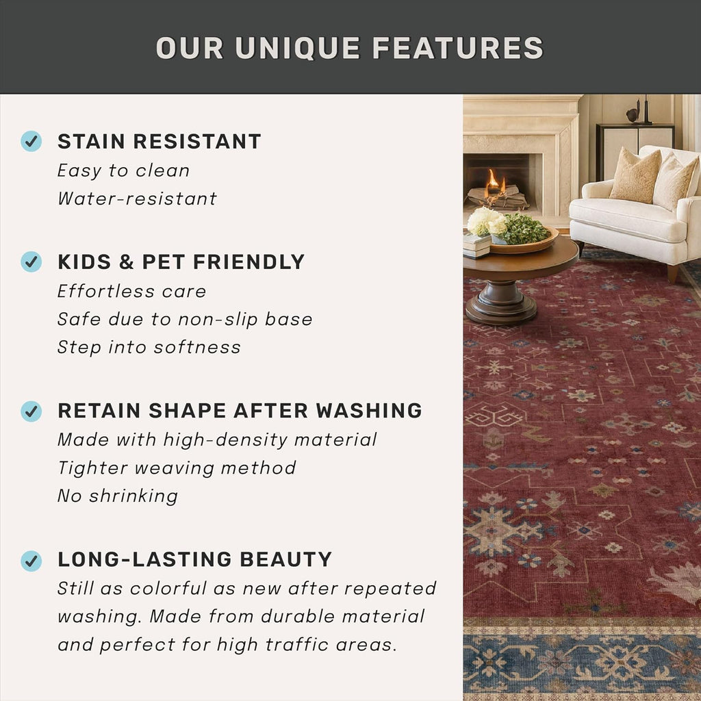 Regine Switzerland Burgundy Washable Rug - Non-Slip, Stain & Fade Resistant | 2x3 Entryway & Kitchen Decor
