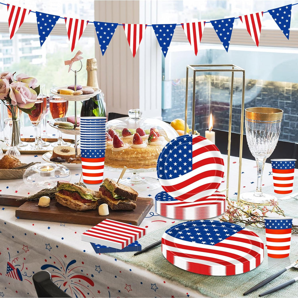 Patriotic Party Supplies | 4th of July Decorations Set with Plates, Napkins, Cups & Tablecloth for 25 Guests