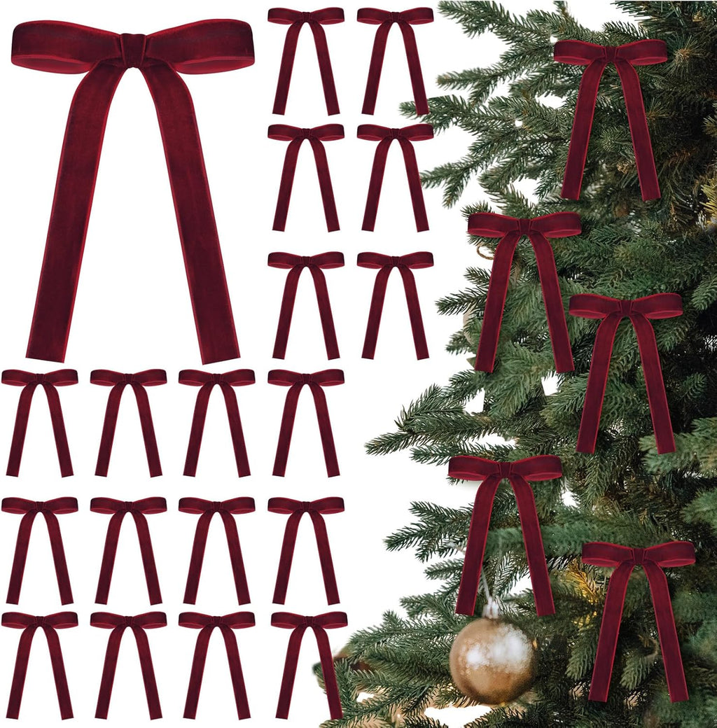 Skiennix Velvet Bows - 24 Pcs Vintage Ribbon for Christmas Tree & Crafts | Burgundy, 5 x 7 Inch