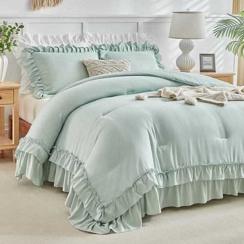 Flysheep Sage Green Ruffle Comforter Set Twin Size, 3 Pieces Vintage Farmhouse Shabby Chic Comforters, Solid Color Lightweight Soft Fluffy Bedding Sets for Kids (1 Ruffled Comforter + 2 Pillow Shams)