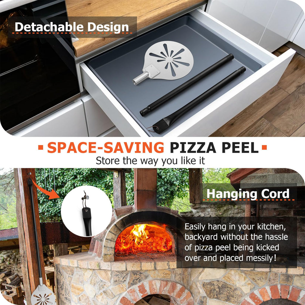 Joyfair Pizza Turning Peel, Perforated Stainless Steel Pizzas Paddle Spatula for Rotating Sliding, Metal Accessories Tool with Detachable Handle, Oven Safe & Easy Cleanup (9 Inch)