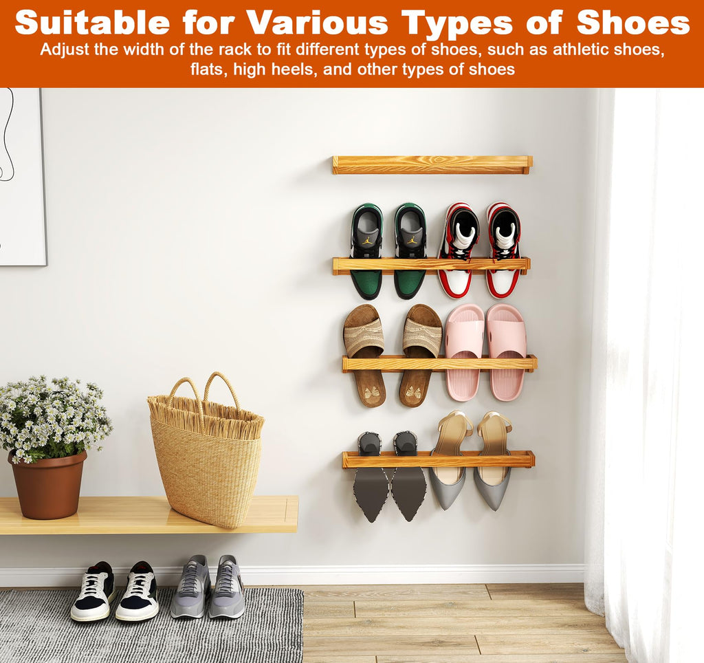 lesolar Wall Mounted Shoe Rack 20 Inch, 4 Pcs Rustic Wood Wall Hanging Shoe Rack, Burnt Wood Shoe Storage Organizer for Entryway Mudroom Closet, Space Saving