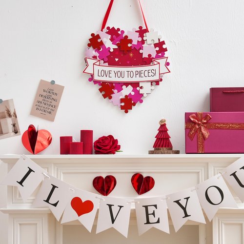 AOMOONOA Valentines Wreath for Front Door, Valentines Day Decorations, Love You to Pieces Door Sign, 3D Foldable Wooden Heart Decor, Romantic Wall Wreath Decoration for Wedding Anniversary