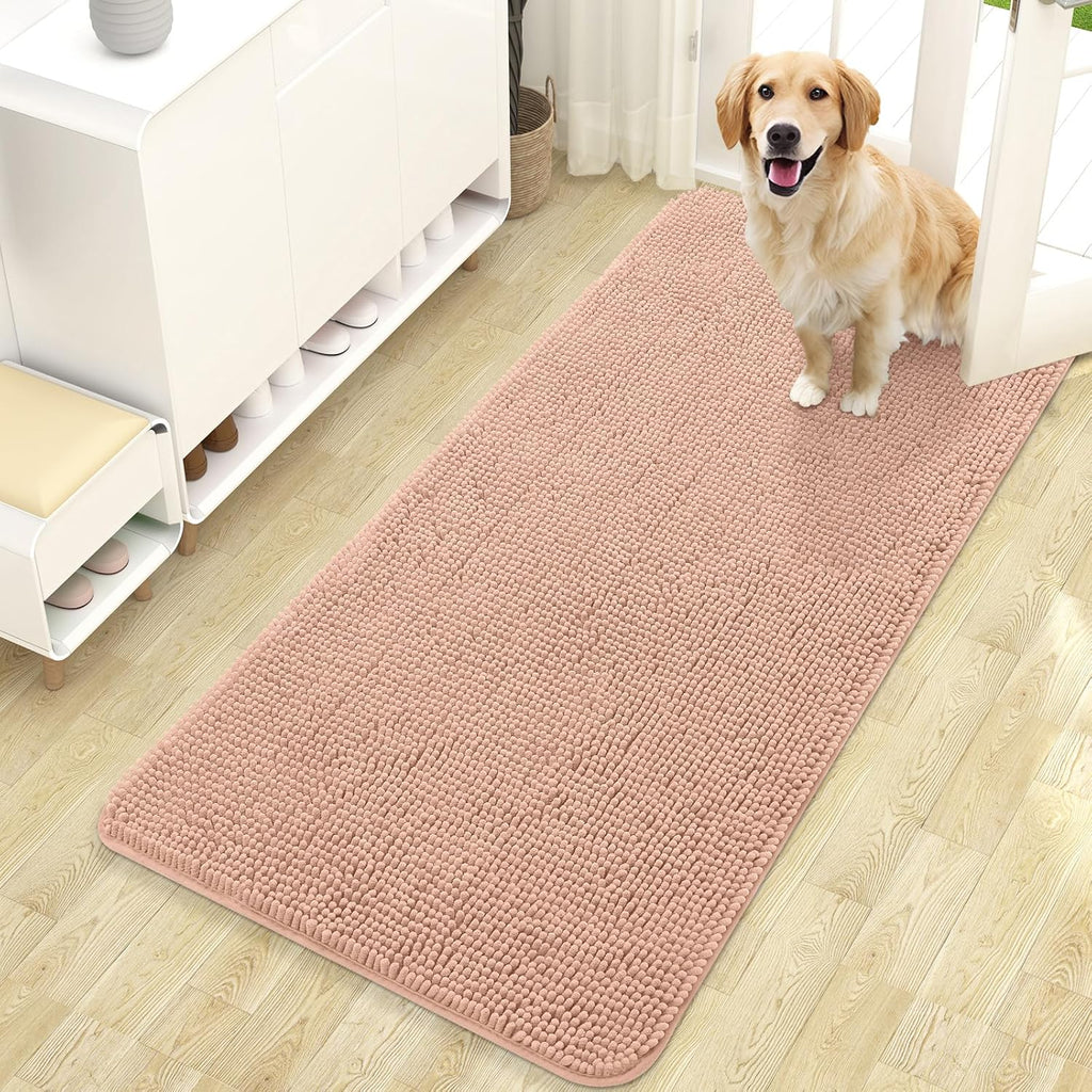 OLANLY Dog Door Mat - Absorbent Non-Slip Washable Chenille Mat for Muddy Paws | 47x24, Peach