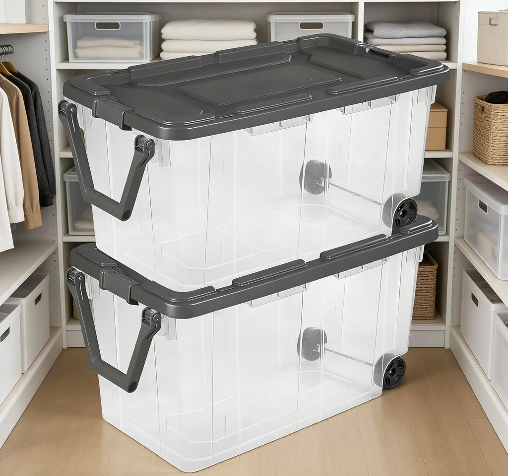 Stacker 160 Quart Wheeled Bin - Extra Large Durable Clear Storage with Latch Lid & Pull Handle | Gray, 2 Count