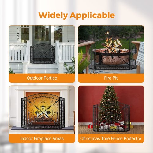 BEAMNOVA Black Decorative Fireplace Screen, 52.4 x 30.7 in, Heraldic Lily, 3-Panel Freestanding Folding Spark Guard Mesh, Heavy-Duty Fire Screen for Indoor Fireplaces Outdoor Fire Pits