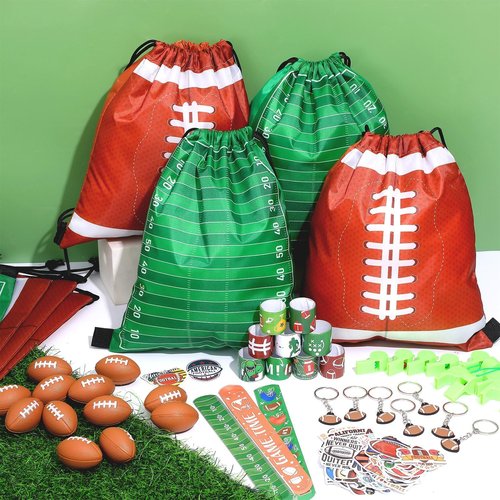 Justforjoyful 110 Pcs Football Party Favors for 12 Sets Football Party Supplies Drawstring Bag Backpack with Keychains Mini Football Stress Balls Slaps Bracelets Goodie Bag Stickers Presents Gift Set