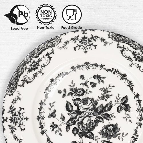 HomeElves Dinner Plates Set of 6, Ceramic Kitchen Plates Microwave Safe Plates, 10.5 Inch Porcelain Dinner Plates Floral, Black