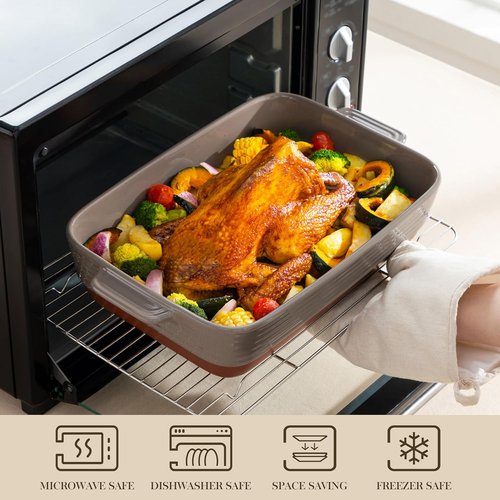 MALACASA Lasagne Dish - 4.8 Qt Brown Ceramic Baking Pan with Handles | 9 x 13 Inches, Deep Casserole Dish