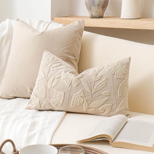 BlissBlush 12x20 Lumbar Pillow Cover, Rectangular Neutral Beige Decorative Throw Pillowcase for Couch Sofa, Embroidered Velvet Farmhouse Accent Cushion (Cover Only)