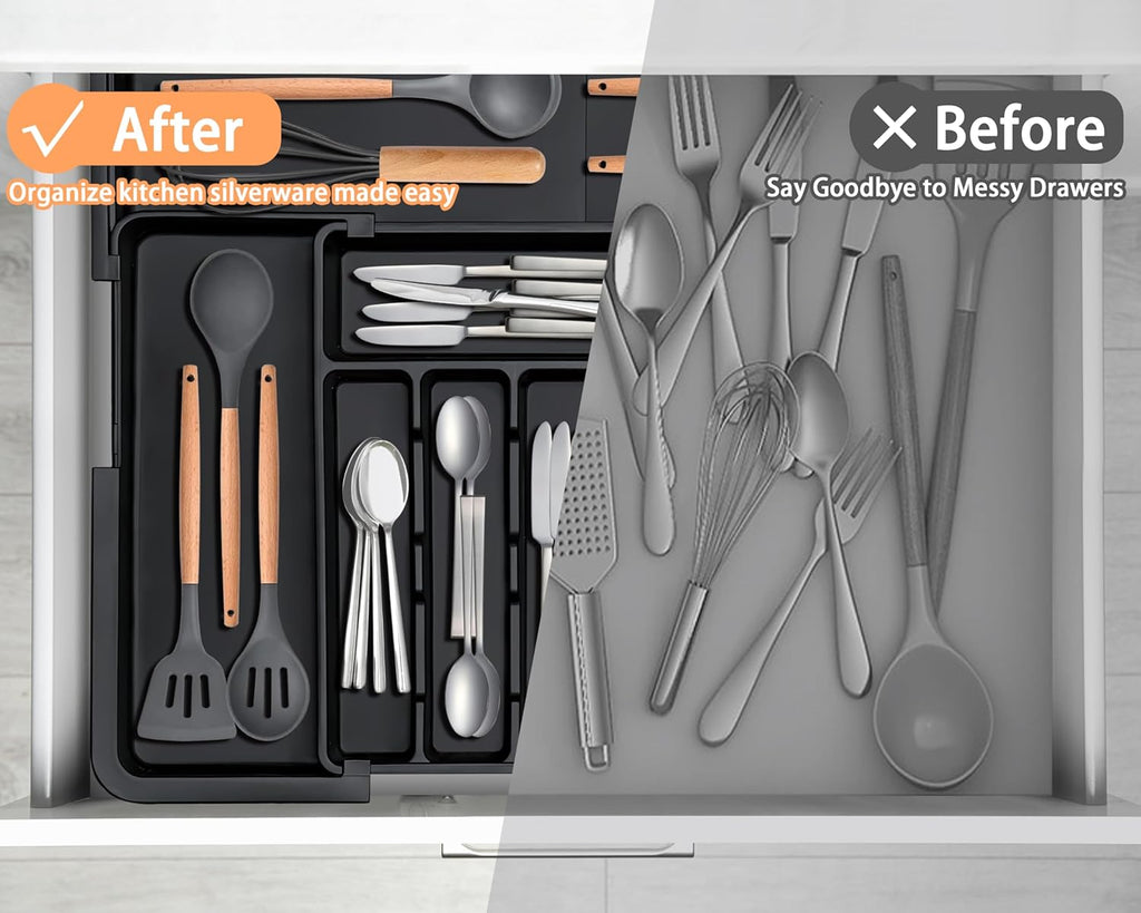 Spaclear Expandable Silverware Organizer - Adjustable BPA-Free Cutlery Tray for Kitchen | Black, 6-9 Slots