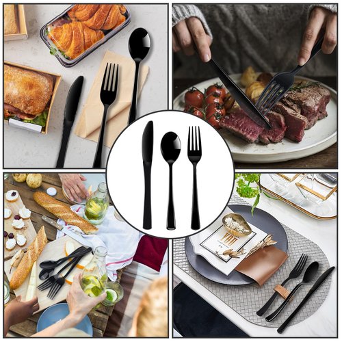 ALEXPRE 300 Pack Black Disposable Plastic Silverware Heavy Duty,Black Cutlery Set, Plastic Forks and Spoons Knives Utensils Set for Birthday Party Prom Night,Weddings,Halloween