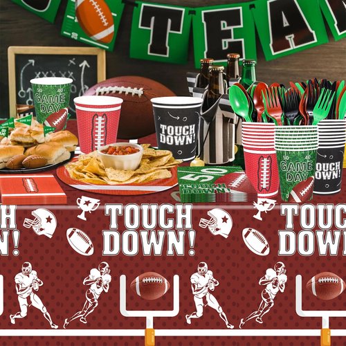 HOWAF 169pcs Football Party Supplies Kit, Football Plates Disposable Dinnerware Touchdown Napkins Plates Tablecloth Cups Knives Forks Spoons for Football Birthday Football Decorations Party Serve 24
