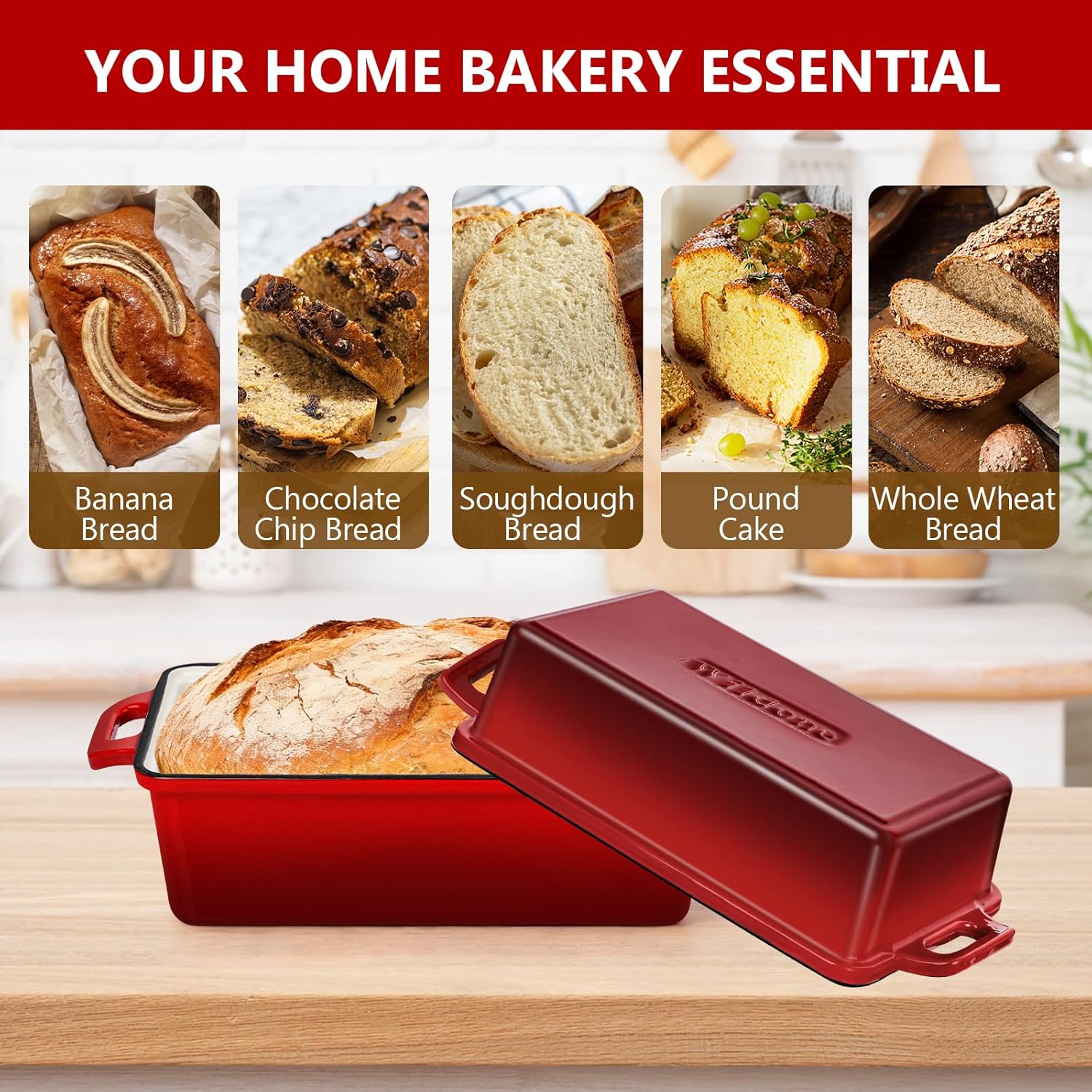 Wildone Enameled Cast Iron Bread Loaf Pan - 9x5 Sourdough Baking Set with Lid, Red, Even Heating