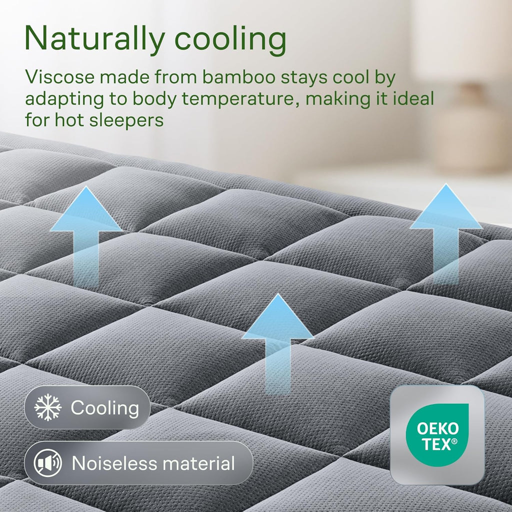Skiennix Ultra Soft Queen Size Mattress Topper - Bamboo Viscose Pillow Top for Back Pain Relief - Naturally Cooling, Gray