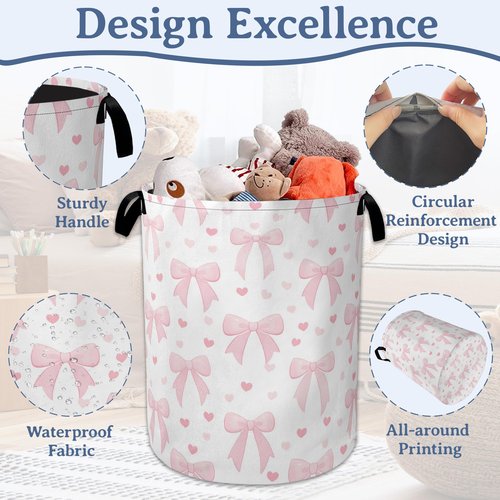 Cute Pink Bow Laundry Basket,Foldable Oxford Cloth Heart Laundry Hamper with Handles, 20.8"x16" Tote Bag Clothes Storage Bucket for Laundry Room/Bathroom/Bedroom/Dormitories