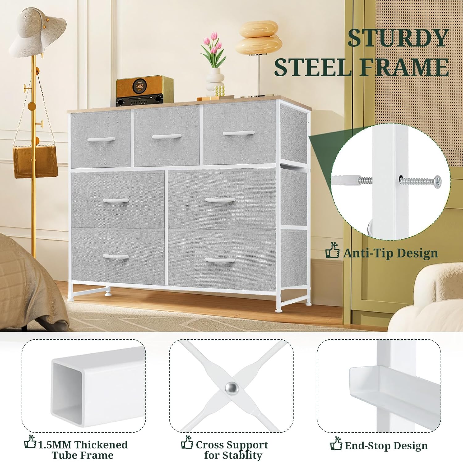 Skiennix 7-Drawer Dresser - Anti-Tip Fabric Storage Organizer with Wooden Top | Light Gray Finish