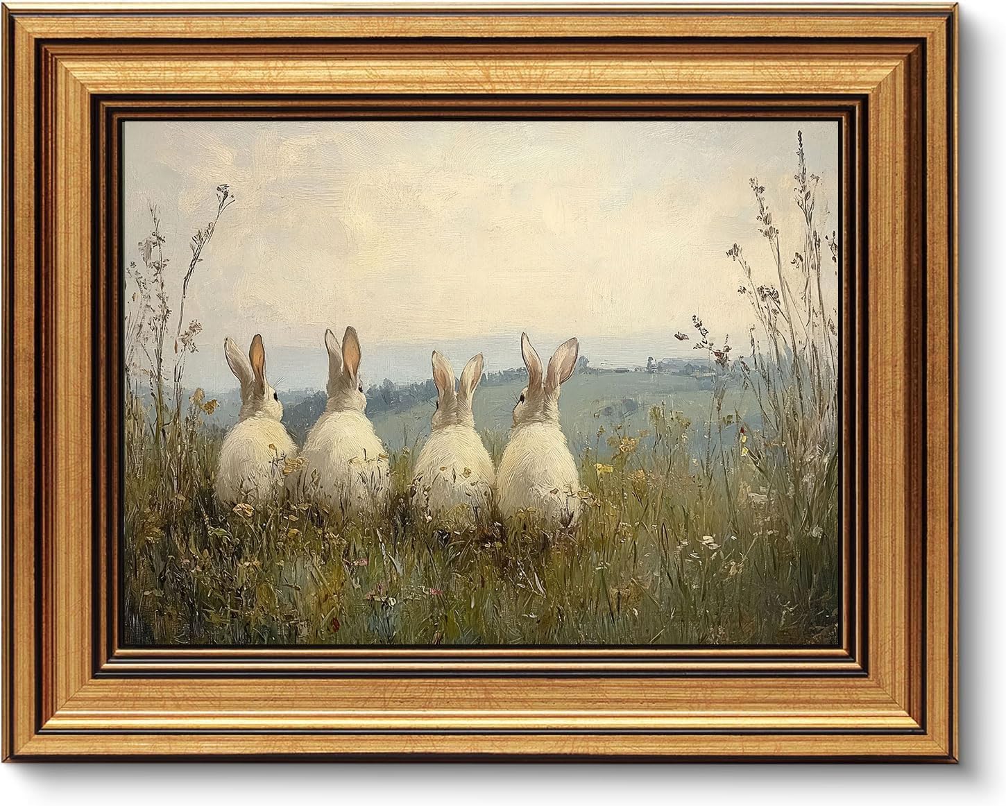 Regine Switzerland Vintage Gold Framed 3D Textured Wall Art - Easter Rabbits in Meadow Oil Painting | 9x11in Cottagecore Decor