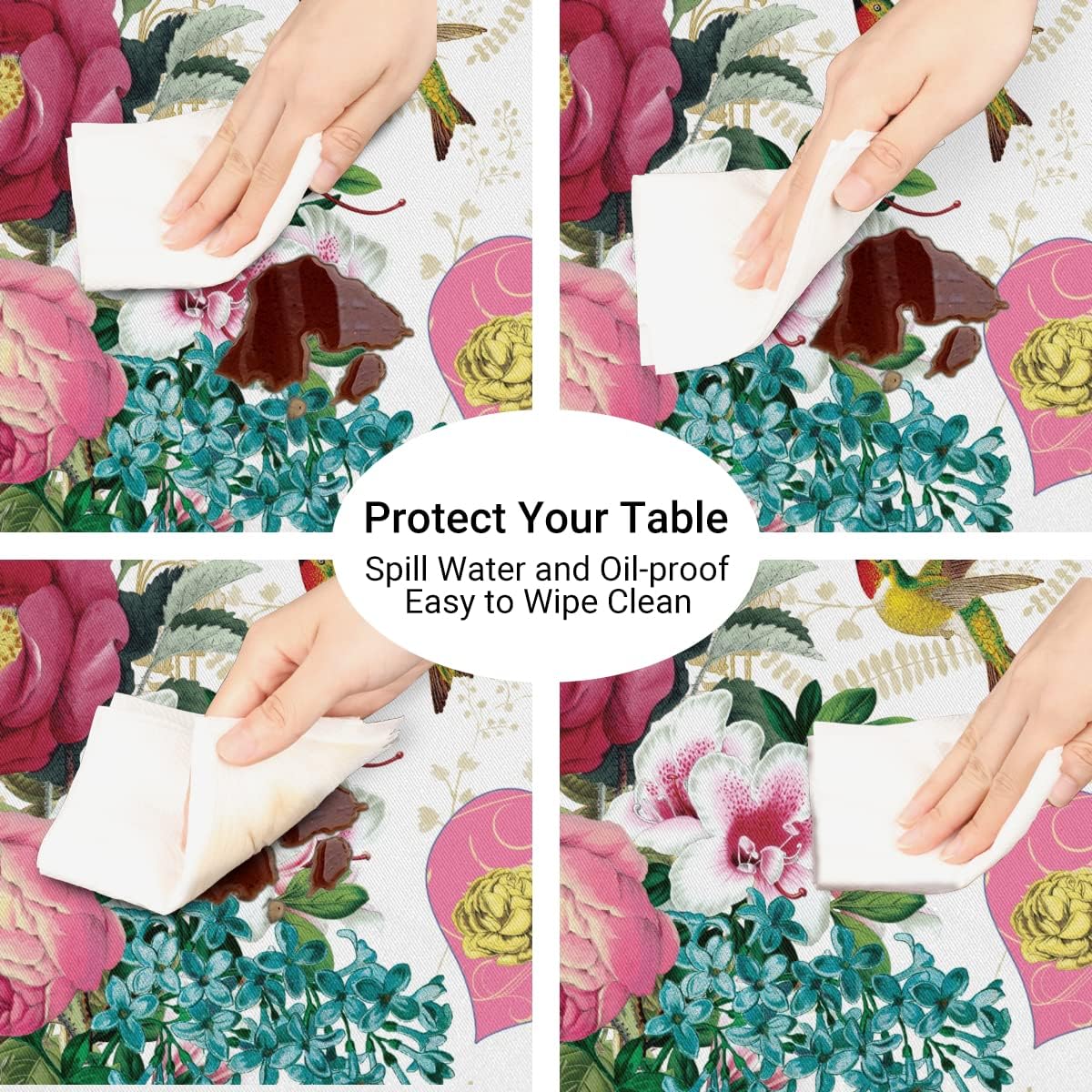 Skiennix Spring Flower Round Tablecloth - Retro Floral Hummingbird, Washable & Wipeable, Fits 45-50" Tables