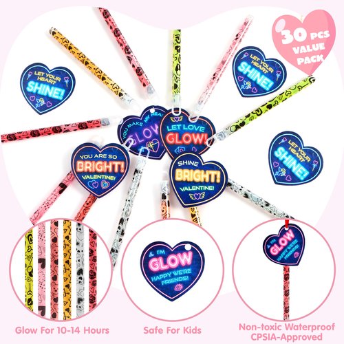 JOYIN 30 Packs Valentine's Day Gifts Cards with Bright Large Glow Sticks for Valentine's Party Favors, Waterproof Glow Sticks for Valentines Classroom Exchange Toy, Valentine School Classroom Prizes