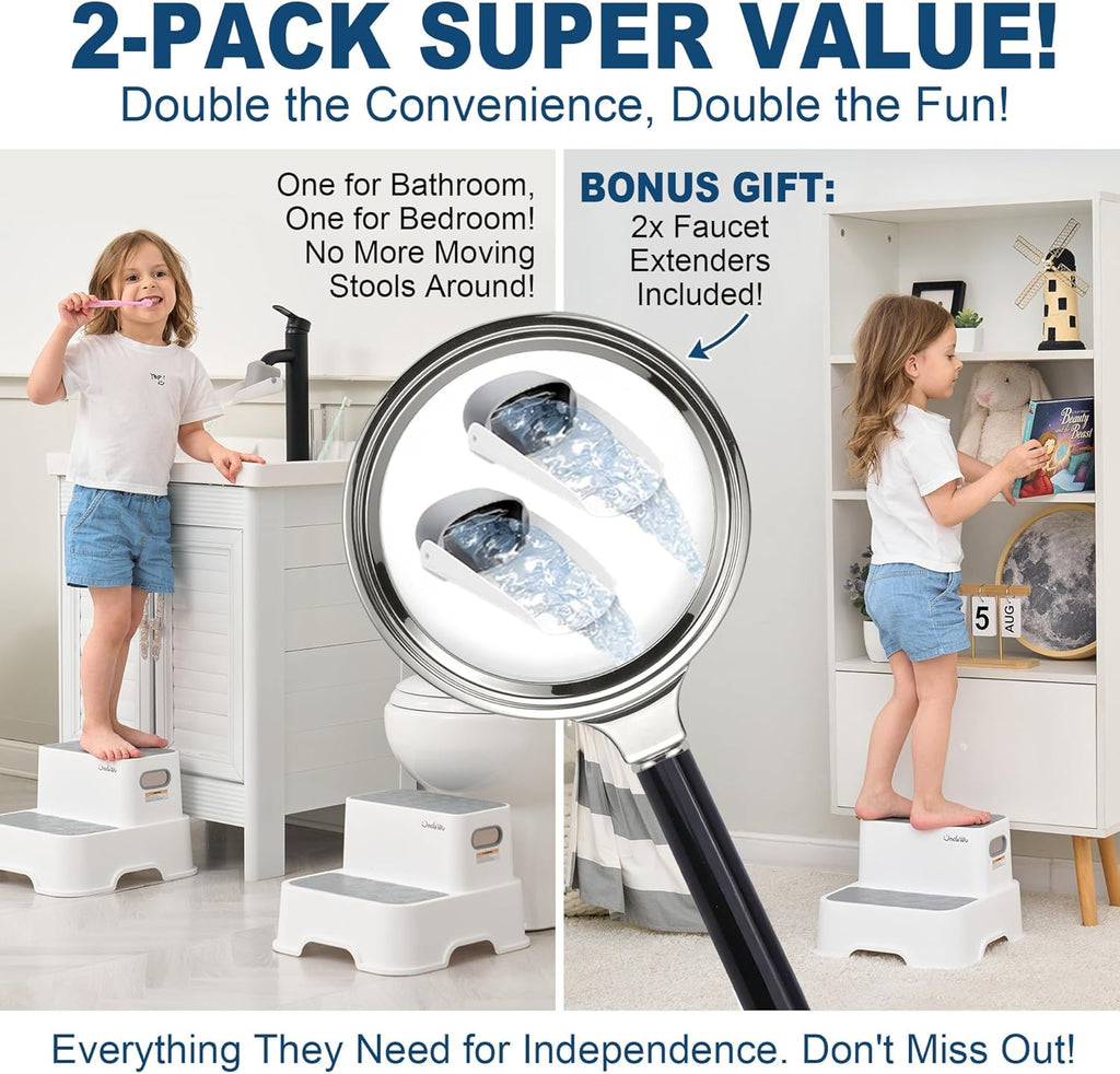 Skiennix 2-Pack Kids Step Stool - Non-Slip Bathroom & Kitchen Stool with Faucet Extender & Duck Toys | Heavy Duty 200lbs (Grey)