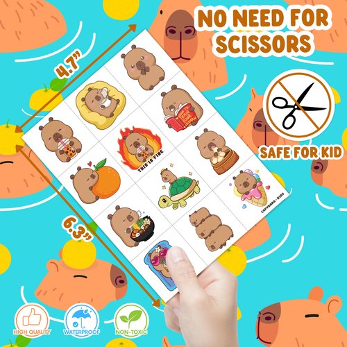 96 PCS Funny Capybara Capy Pre-Cut Temporary Tattoos for Kids | Super Cute Themed Birthday Party Favors, Supplies, Decorations, Animal Fake Tattoo Stickers, School Rewards Prizes & Gifts Boys & Girls