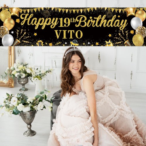 Personalized Birthday Banner for Party, with Name & Ages Option-Custom DIY Alphabet & Numbers Stickers Birthday Party Backdrop Indoor/Outdoor Celebrations (Black Gold)