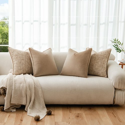 a moment Khaki 4 Pack Throw Pillow Covers - Chenille & Velvet Set with Piping, Farmhouse Textured Design Cushion Cases for Couch Sofa Bed (18x18 Inch, No Insert)
