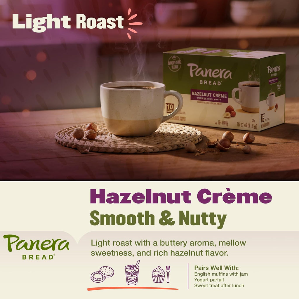 Panera Bread Hazelnut Crème Light Roast Coffee - Smooth Buttery Flavor, 100% Arabica, 60 Single Serve Pods (6 Packs of 10)