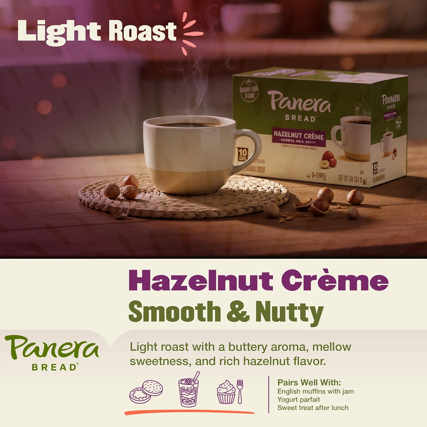 Panera Bread Hazelnut Crème Light Roast Coffee - Smooth Buttery Flavor, 100% Arabica, 60 Single Serve Pods (6 Packs of 10)