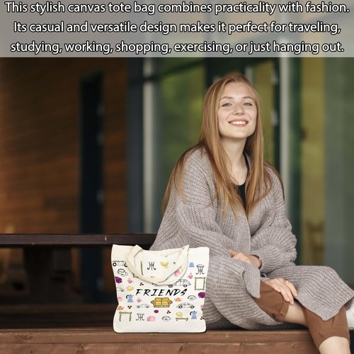 seclate Friends Canvas Tote Bag, TV Show Gifts Tote Bags for Women, Friendship Gifts for Besties, Reusable Cloth Cotton Bags for Travel Shopping Beach - O01