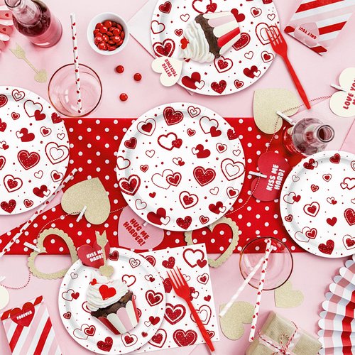 96 Pieces Valentine’s Day Tableware Set – Red Heart Disposable Plates, Napkins, and Forks for Romantic Dinners, Weddings, Anniversaries, and Love-Themed Parties – Serves 24
