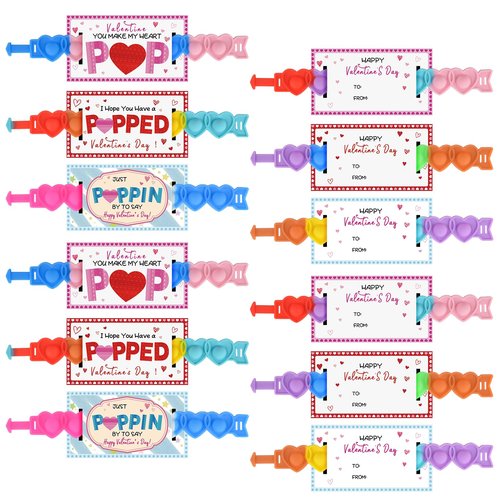 32 Packs Valentines Day Gifts for Kids School, Valentines Cards with Colorful Heart POP Bracelets for Classroom & School, Valentine's Class Gift Exchange Cards Party Favors Supplies for Boys Girls