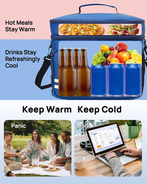 Insulated Lunch Box | Skiennix 26L X-Large Leak-Proof Cooler Bag - Adjustable Strap for Work, Picnic, Travel - 14.6"×11.5"×9.5" (Blue)