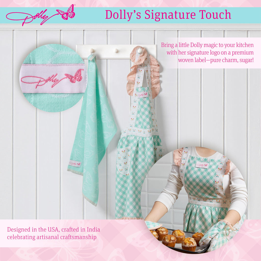 Dolly Parton Apron & Kitchen Towel Set, Kitchenware 100% Cotton Cute Chef Apron and a Jacquard Woven Kitchen Towel, Made with a Beautiful Pattern for Your Décor - Teal Plaid and Butterfly