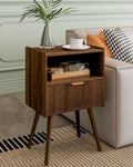 Veegle Nightstand,Modern Bedside Table with Storage Drawer and Open Wood Shelf, Accent Night Stand with Solid Wood Legs for Living Room, Bedroom and Small Spaces,Easy Assembly (Walnut Brown)