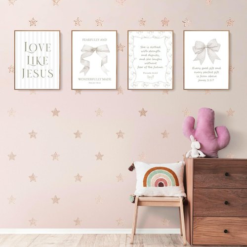 LARTSFRO Coquette Beige Bow Wall Art Decor - Inspirational Christian Posters Set of 4 | 12x16 Inch Unframed
