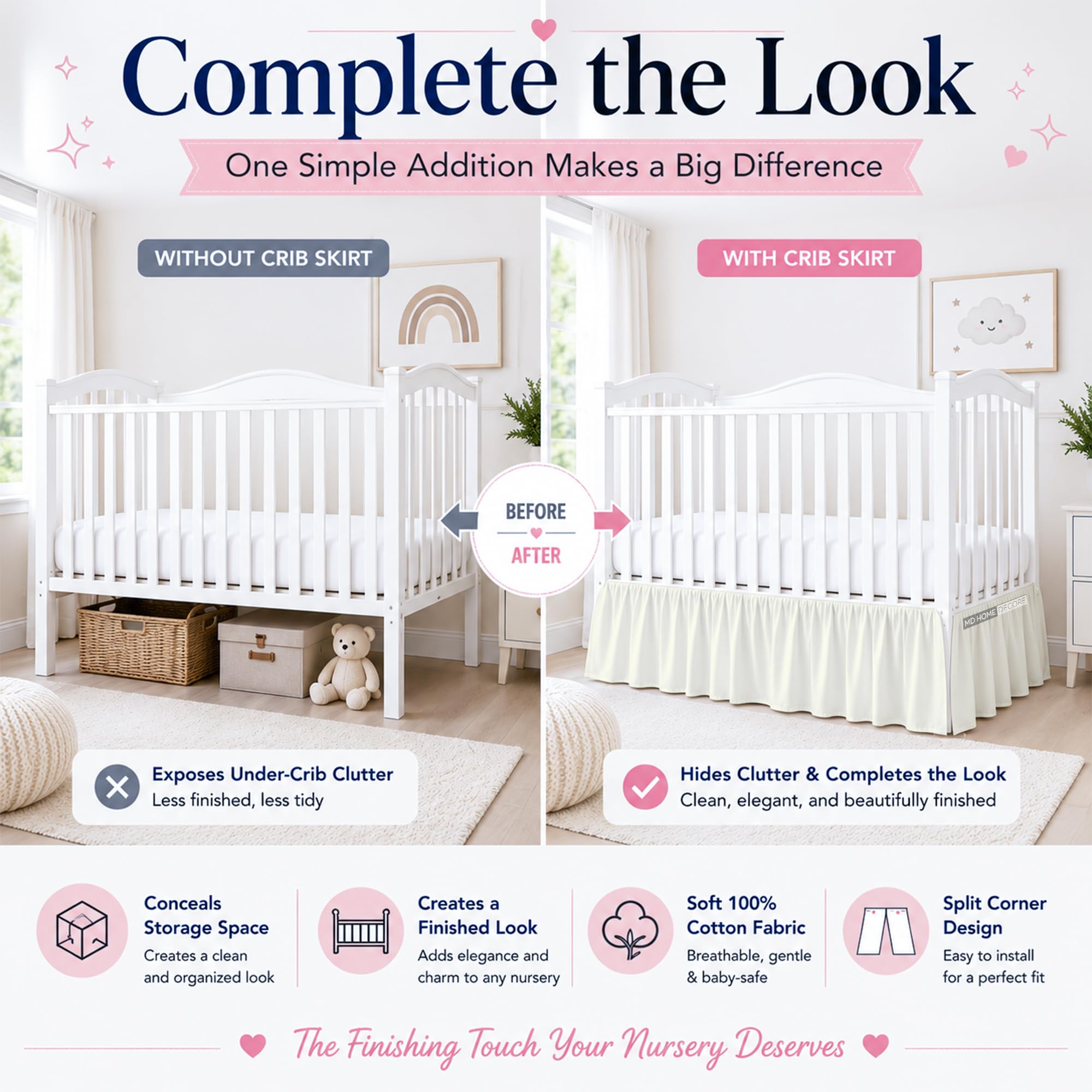 Crib Bed Skirt Dust Ruffle with Split Corners, 100% Cotton, Ivory Nursery Crib Skirt for Baby Boys or Girls, 28x52, 14" Drop, Toddler Bed Skirt, Baby Bedding, Crib Sheet Skirt, Soft & Breathable
