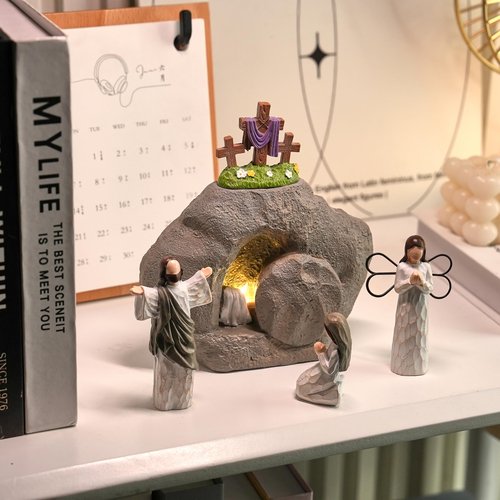 Easter Resurrection Scene with LED Lighting, Resin Empty Tomb Easter Scene for Christian Decoration, Battery Powered Religious Display with Timer, Home Office Tabletop Tray, Church, Shelf Decor
