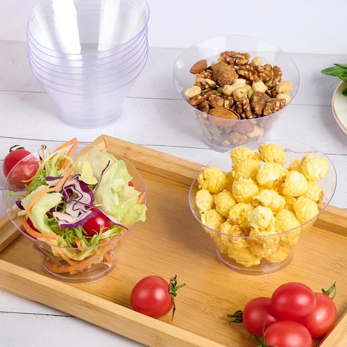 Soelomu 6 oz Plastic Serving Bowls, 20 Pack Small Angled Snack Bowls Clear Party Buffet Appetizer Containers for Desserts, Ice Cream, Salads, Chips, Popcorn