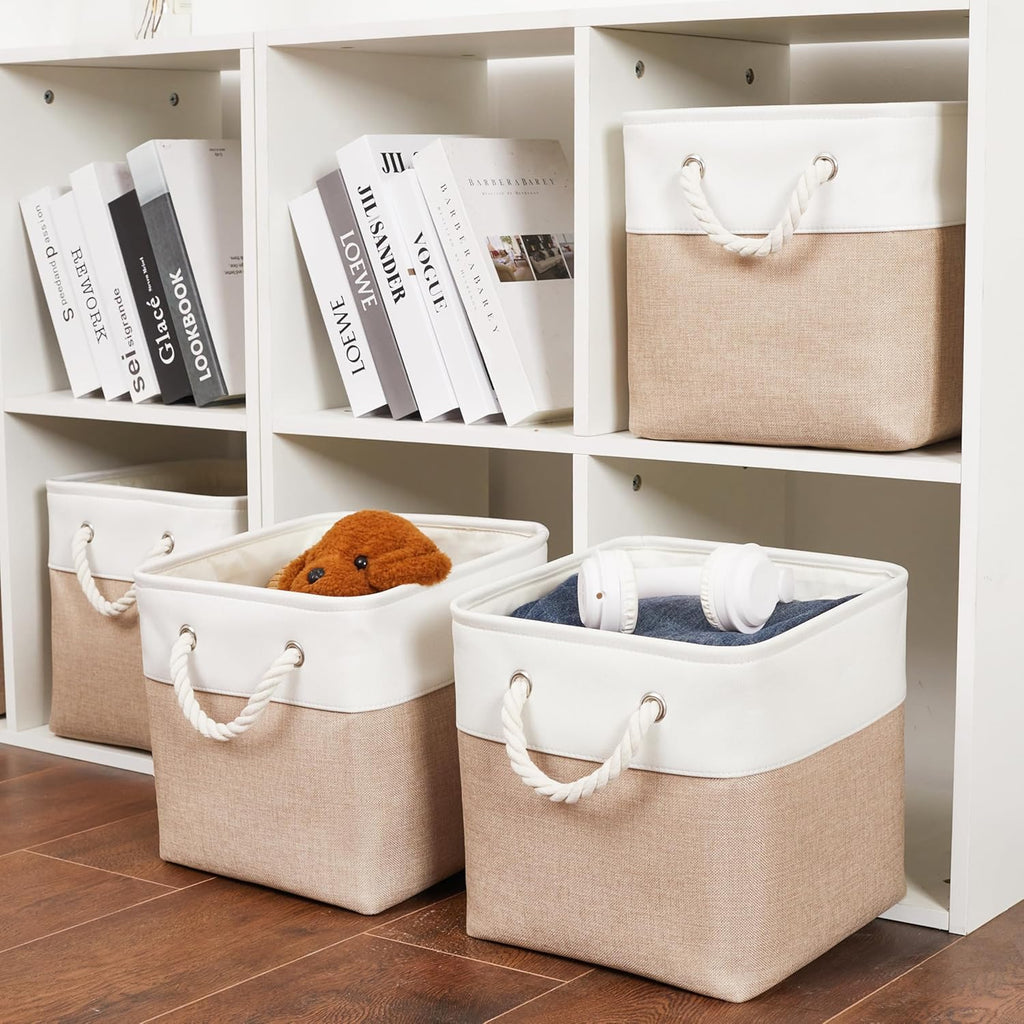 Skiennix 11 x 11 Inch Storage Cubes - 6 Pack Large Collapsible Fabric Bins for Home & Office | White & Beige