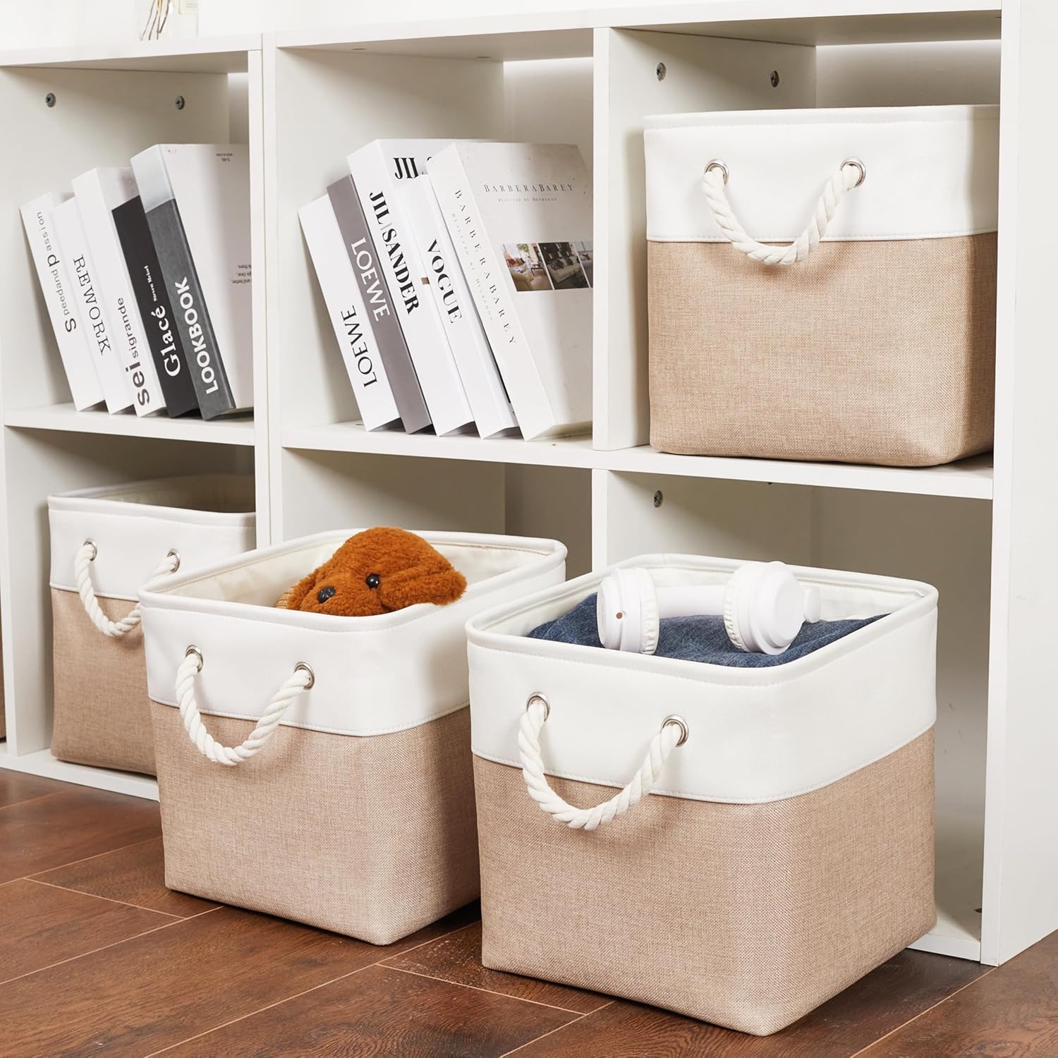 Skiennix 11 x 11 Inch Storage Cubes - 6 Pack Large Collapsible Fabric Bins for Home & Office | White & Beige