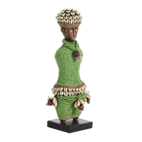 Deco 79 Small Hand-Crafted Pine Wood, Cowrie Shells, Green Beads & Kente Cloth African Woman Namji Doll, 3" x 5"